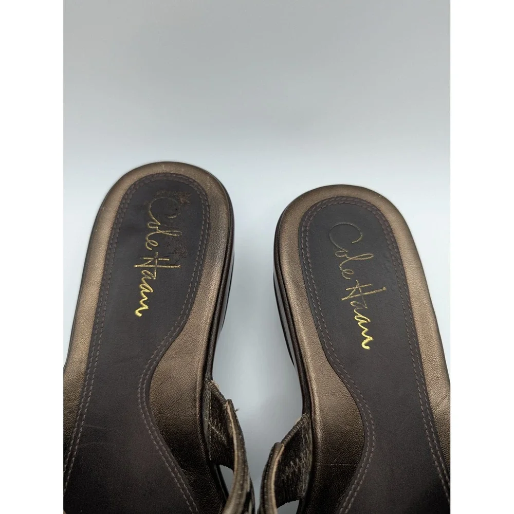 Cole Haan Womens Metallic Bronze Woven Leather Wedge Slide Sandals Platform 7.5B